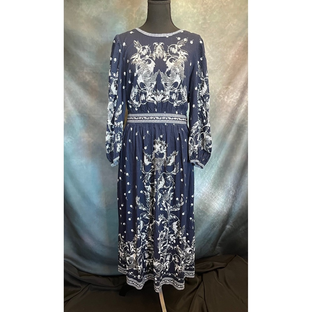 MAX‎ STUDIO LONDON Navy White Floral Print Midi Dress Long Sleeve Size XL